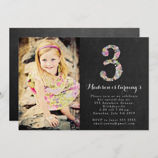 黒板の花の女の子の第3誕生会の招待 招待状 (正面/裏面)