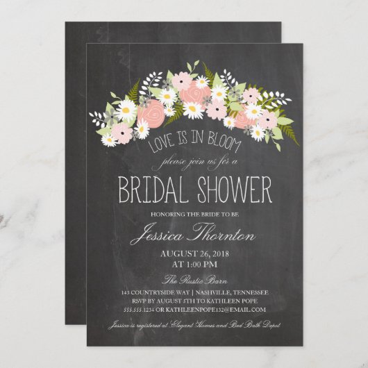 黒板の花開花ブライダルシャワー 招待状 (正面/裏面)