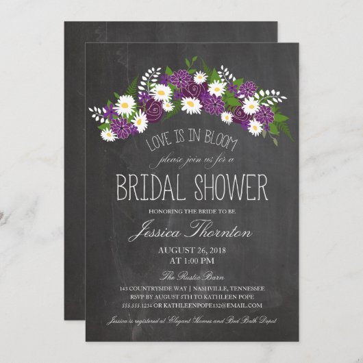 黒板の花開花ブライダルシャワー 招待状 (正面/裏面)