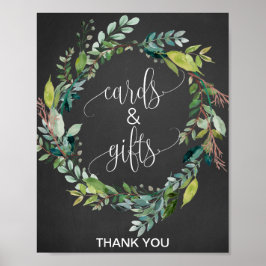 黒板の葉のリース カードとギフト サイン