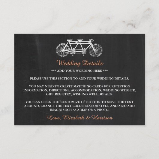 黒板の詳細インサートに結婚おけるタンデム自転車 エンクロージャーカード (正面)
