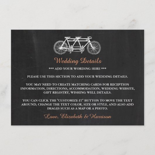 黒板の詳細インサートに結婚おけるタンデム自転車 エンクロージャーカード (正面)