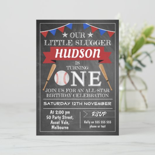 黒板の野球の第1誕生日の招待状 招待状 (スタンド正面)