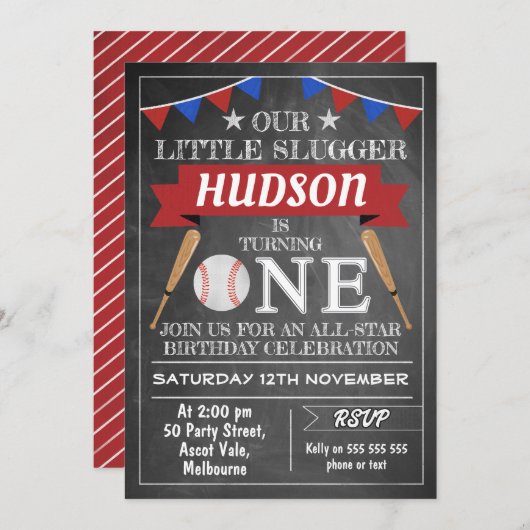 黒板の野球の第1誕生日の招待状 招待状 (正面/裏面)