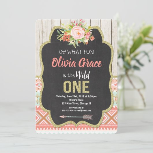 黒板の野生の1人の第1誕生日の招待の女の子 招待状 (スタンド正面)