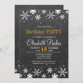 黒板の雪の結晶があしらわれたラスティックな誕生日パーティー 招待状 (正面/裏面)