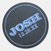 黒板の青い名前のロゴと日付 ラウンドシール (正面)