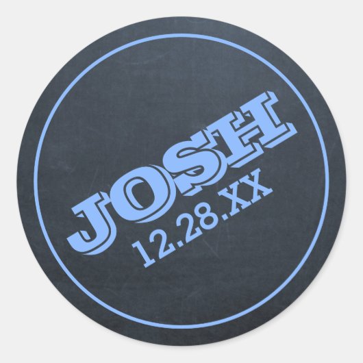 黒板の青い名前のロゴと日付 ラウンドシール (正面)