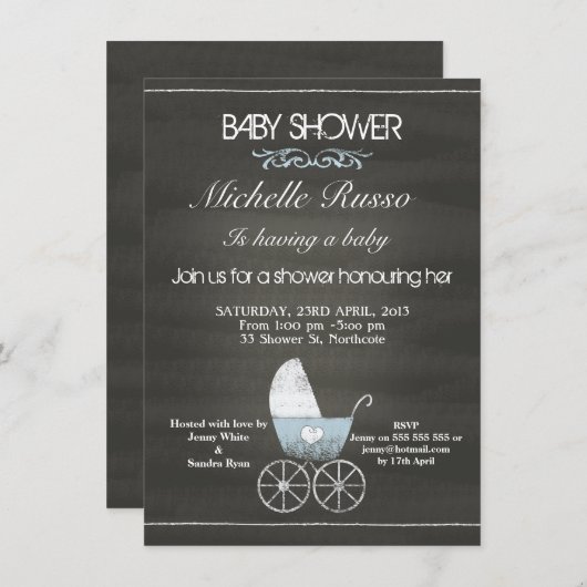 黒板の青い手押車のベビーシャワーの招待状 招待状 (正面/裏面)