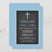 黒板の青い水玉模様の十字の男の子の洗礼 招待状 (正面/裏面)