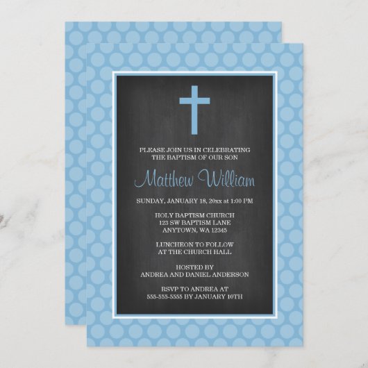 黒板の青い水玉模様の十字の男の子の洗礼 招待状 (正面/裏面)