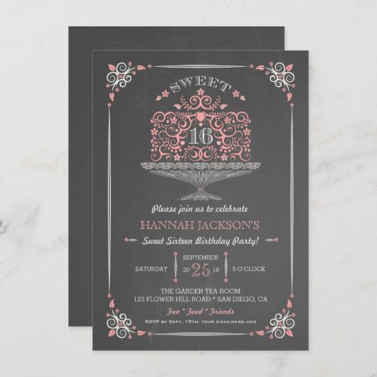 黒板のSweet sixteenのレースのようなケーキの招待状 招待状 (正面/裏面)