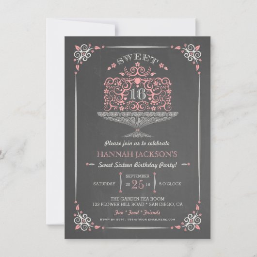 黒板のSweet sixteenのレースのようなケーキの招待状 招待状 (正面)