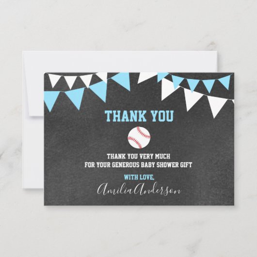 黒板は青い野球の男の子のベビーシャワー感謝していしています サンキューカード (正面)