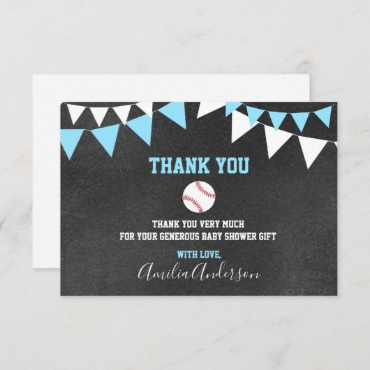 黒板は青い野球の男の子のベビーシャワー感謝していしています サンキューカード (正面/裏面)