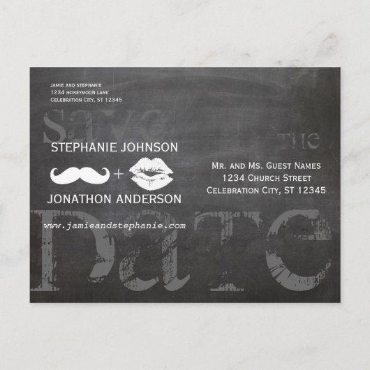 黒板ひげ唇ヴィンテージ日付を保存 案内ポストカード (裏面)