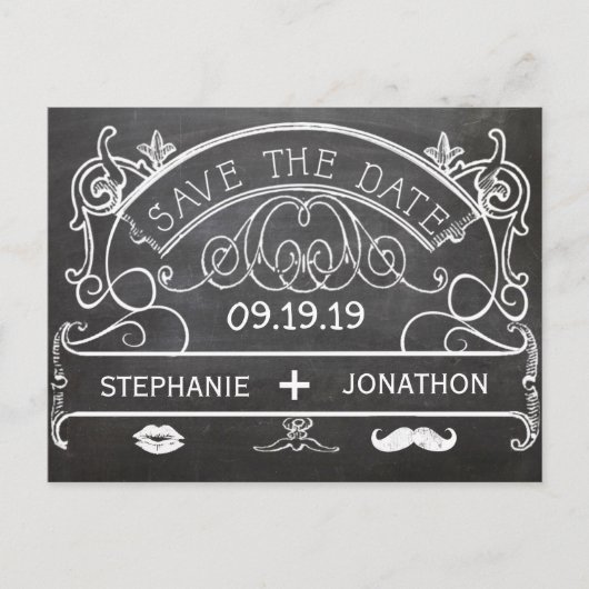 黒板ひげ唇ヴィンテージ日付を保存 案内ポストカード (正面)