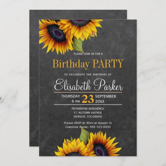 黒板ひまわり素朴な誕生日パーティー 招待状 (正面/裏面)