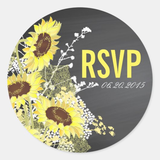 黒板ひまわり素朴結婚式RSVPラベル ラウンドシール (正面)