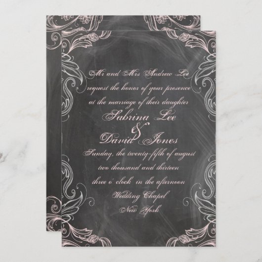 黒板アンティークピンクフローラ結婚式招待状 招待状 (正面/裏面)