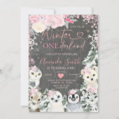 黒板ウィンターピンクアニマルオンダーランド誕生日 招待状 (正面)