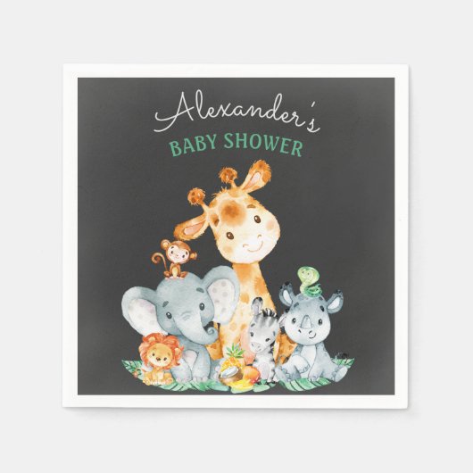黒板ウォーターカラーサファリ動物ベビーシャワー スタンダードカクテルナプキン (正面)