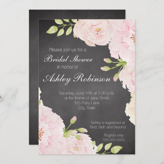 黒板ウォーターカラーバラブライダルシャワー 招待状 (正面/裏面)