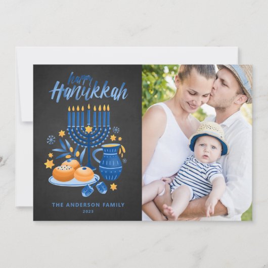 黒板ウォーターカラー(ユダヤ教)メノラーハッピーハヌッカフォト シーズンカード (正面)