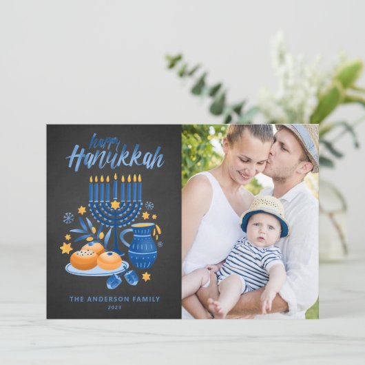 黒板ウォーターカラー(ユダヤ教)メノラーハッピーハヌッカフォト シーズンカード (スタンド正面)