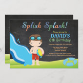 黒板ウォータースライドプール誕生日パーティー 招待状 (正面/裏面)