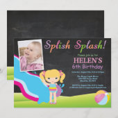 黒板ウォータースライドプール誕生日パーティー 招待状 (正面/裏面)