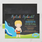 黒板ウォータースライドプール誕生日パーティー 招待状 (正面/裏面)