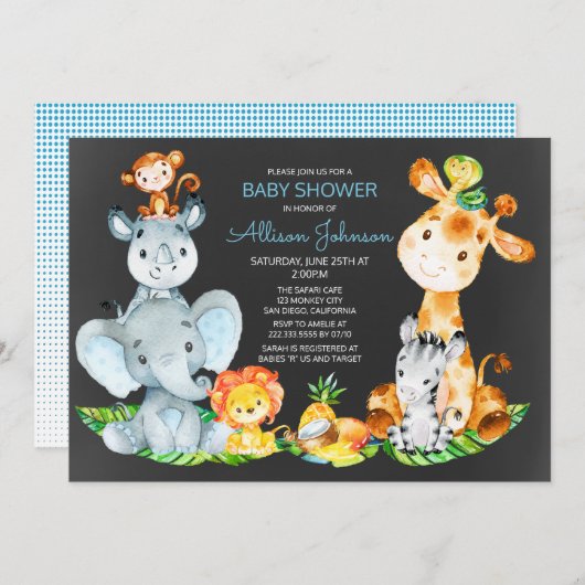 黒板ウォータールコルかわいいサファリジャングルベビーシャワー 招待状 (正面/裏面)