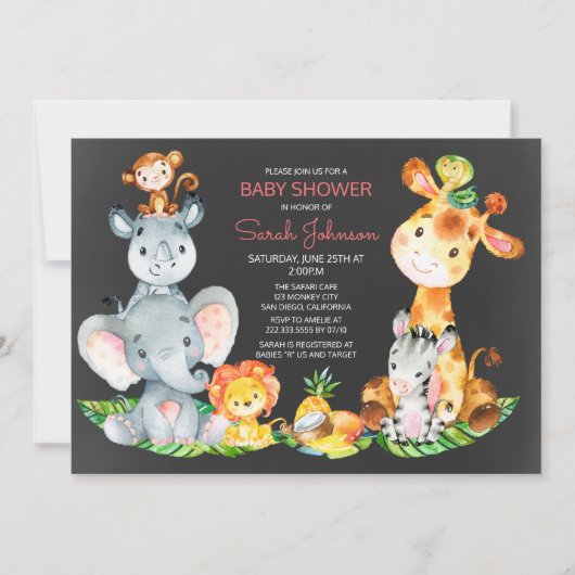黒板ウォータールコルかわいいサファリジャングルベビーシャワー 招待状 (正面)
