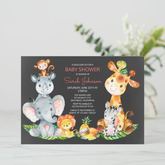 黒板ウォータールコルかわいいサファリジャングルベビーシャワー 招待状 (スタンド正面)