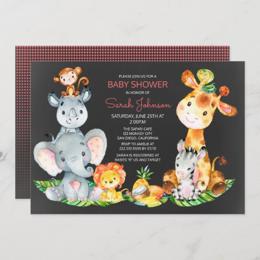 黒板ウォータールコルかわいいサファリジャングルベビーシャワー 招待状 (正面/裏面)