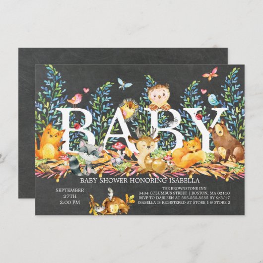 黒板ウッドランドニュートラルベビーシャワー招待状 招待状 (正面/裏面)
