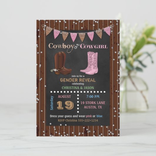 黒板カウボーイまたは女性のカーボーイウェスタンジェンダーの表示 招待状 (スタンド正面)