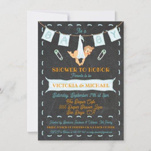 黒板カップルおむつ赤ちゃんシャワー物干し 招待状 (正面)