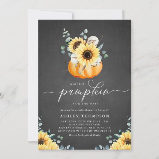 黒板カボチャとヒマワリ秋ベビーシャワー 招待状 (正面)
