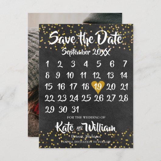 黒板カレンダー日付を保存写真の金ゴールド粉塵 案内ポストカード (正面/裏面)