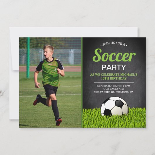 黒板キッズサッカー誕生日パーティー写真 招待状 (正面)