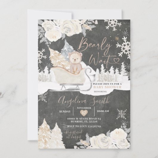 黒板クマクリーム色の白い冬のベビーシャワー 招待状 (正面)