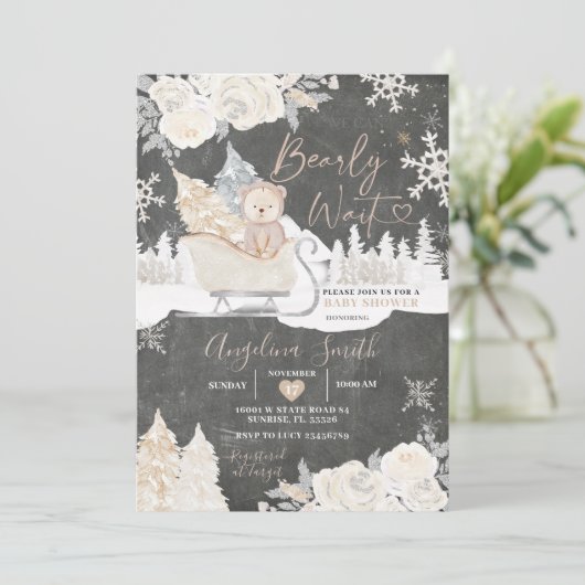 黒板クマクリーム色の白い冬のベビーシャワー 招待状 (スタンド正面)