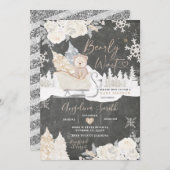 黒板クマクリーム色の白い冬のベビーシャワー 招待状 (正面/裏面)