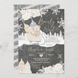 黒板クマクリーム色の白い冬のベビーシャワー 招待状