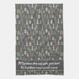 黒板クリスマスツリーとハウスピンクイエロー キッチンタオル