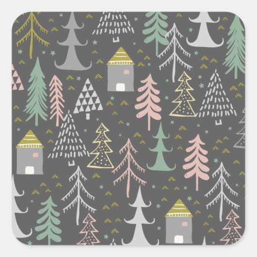 黒板クリスマスツリーとハウスピンクイエロー スクエアシール (正面)