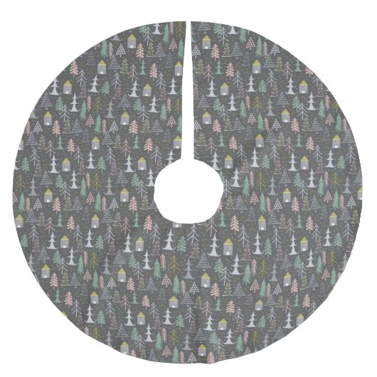 黒板クリスマスツリーとハウスピンクイエロー ブラッシュドポリエステルツリースカート (正面)