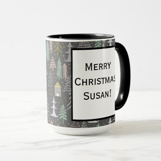 黒板クリスマスツリーとハウスピンクイエロー マグカップ (正面右)